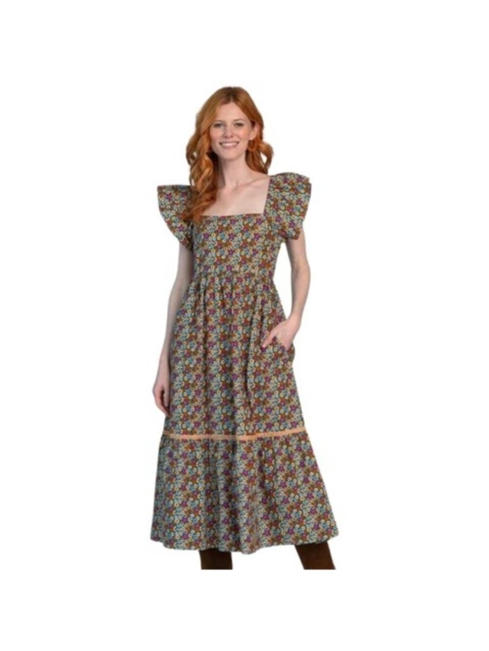 Olivia James The Label Brooke Multicolor Floral Flutter Sleeve Midi Dress Medium